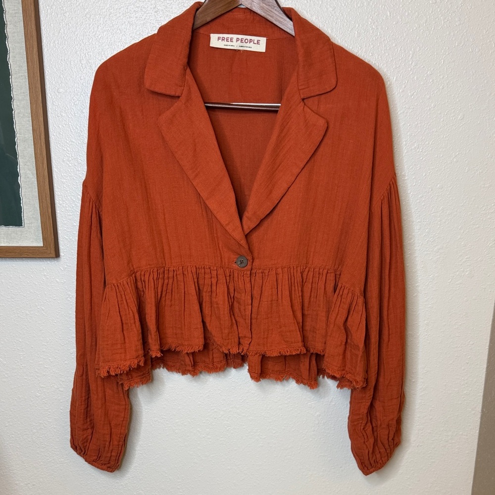 Free People Lyra‎ Cotton Terracotta Ruffled Blouse Jacket - Small